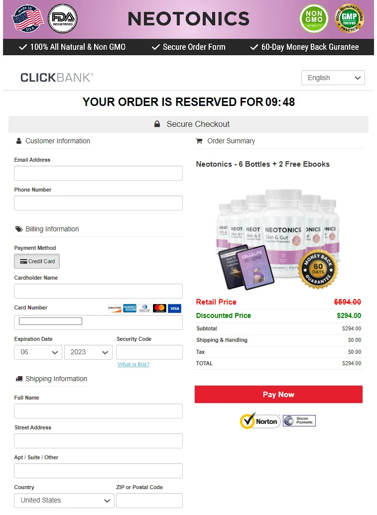 neotonics official website Order Form Page